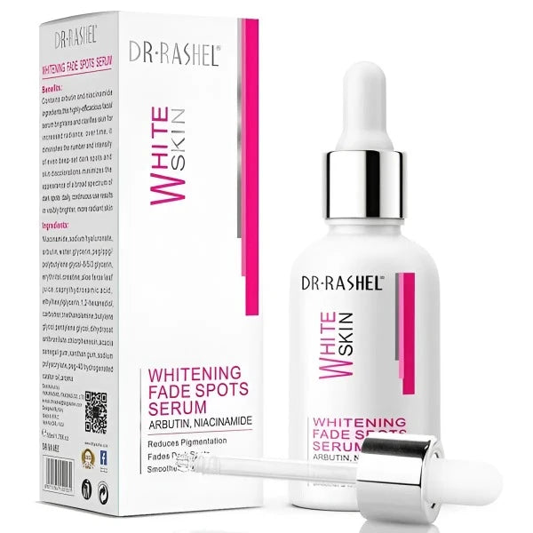 Presentation of Dr. Rashel White Skin serum with arbutin and niacinamide, reducing spots and pigmentation.