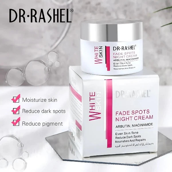 Dr. Rashel Fade Spots Night Cream with Arbutin and Niacinamide to reduce dark spots and brighten skin.