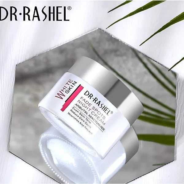 Jar of Dr. Rashel night cream for spot reduction, formulated with Arbutin and Niacinamide.