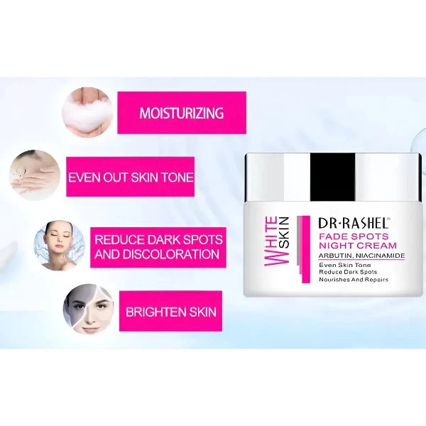 Product presentation of Dr. Rashel Fade Spots Night Cream, ideal for improving skin tone and reducing pigmentation.