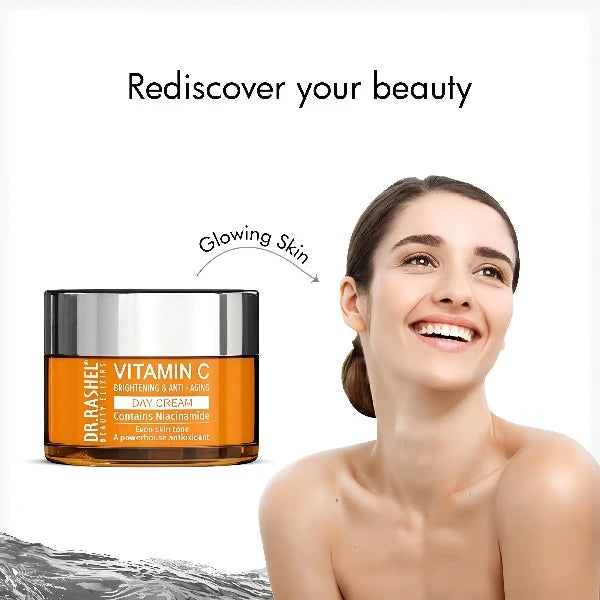 Anti-aging day cream with Vitamin C, Niacinamide, and Hyaluronic Acid for enhanced skin luminosity.