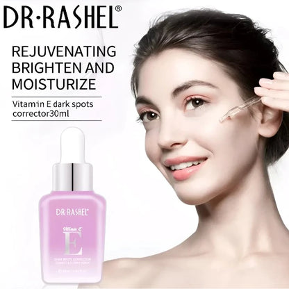 Woman applying Dr. Rashel dark spots corrector serum with Vitamin E, rejuvenating and moisturizing, 30ml bottle.