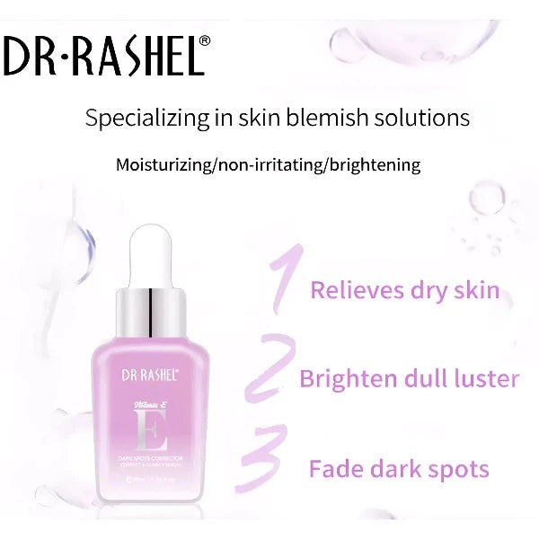 Dr. Rashel dark spots corrector serum with Vitamin E. Specializing in skin blemish solutions, moisturizing and non-irritating.