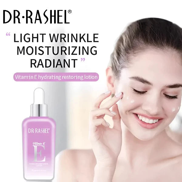 Female model applying DR RASHEL® Vitamin E Lotion on her face, showcasing hydrating and anti-wrinkle benefits.