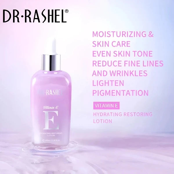 Hydrating and restoring lotion with Vitamin E, highlighting its moisturizing, brightening, and skin-smoothing properties.