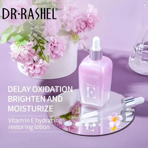 Bottle of DR RASHEL® Vitamin E Hydrating Restoring Lotion in pink with flowers and lab elements in the background.