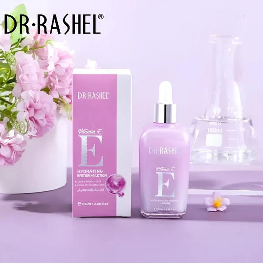 Box and bottle of DR RASHEL® Vitamin E Hydrating Restoring Lotion with lab elements.