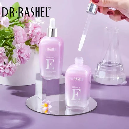 Close-up of two bottles of DR RASHEL® Vitamin E Hydrating Restoring Lotion with a dropper applicator.