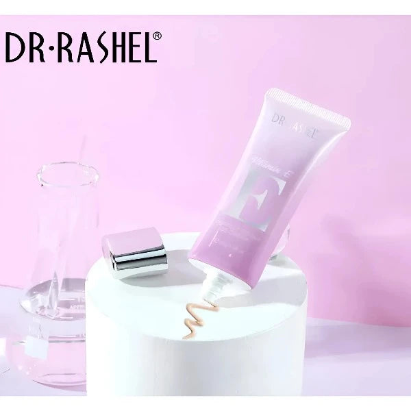 Dr. Rashel Vitamin E Perfect Cover BB Cream tube next to a laboratory flask, emphasizing the product's lightweight texture.