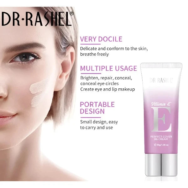 Application of Dr. Rashel's Vitamin E BB Cream on a model's face, highlighting the brightening and full coverage effects.