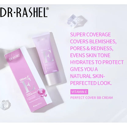 Dr. Rashel Vitamin E BB Cream in its packaging, highlighting full coverage and skin tone evening benefits.