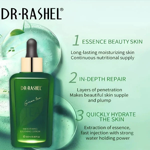 Bottle of Dr. Rashel Green Tea soothing and hydrating lotion, ideal for sensitive skin.