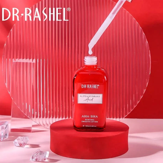 Open bottle of Dr. Rashel AHA-BHA Renewal Smooth Lotion with dropper, showcasing its exfoliating and hydrating properties.