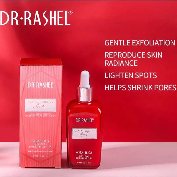 Dr. Rashel AHA-BHA Renewal Smooth Lotion in red packaging with gentle exfoliation and skin radiance benefits.