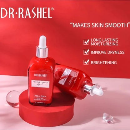 Dr. Rashel AHA-BHA Renewal Smooth Lotion bottles with moisturizing, dryness improvement, and brightening benefits.