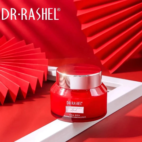 Dr. Rashel AHA BHA Renewal Rejuvenating Cream jar on a red background.