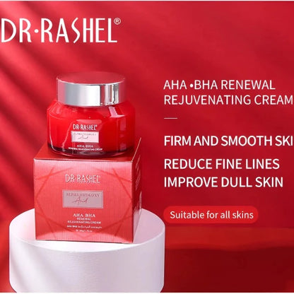 Product presentation of Dr. Rashel AHA BHA Renewal Rejuvenating Cream, suitable for all skin types.