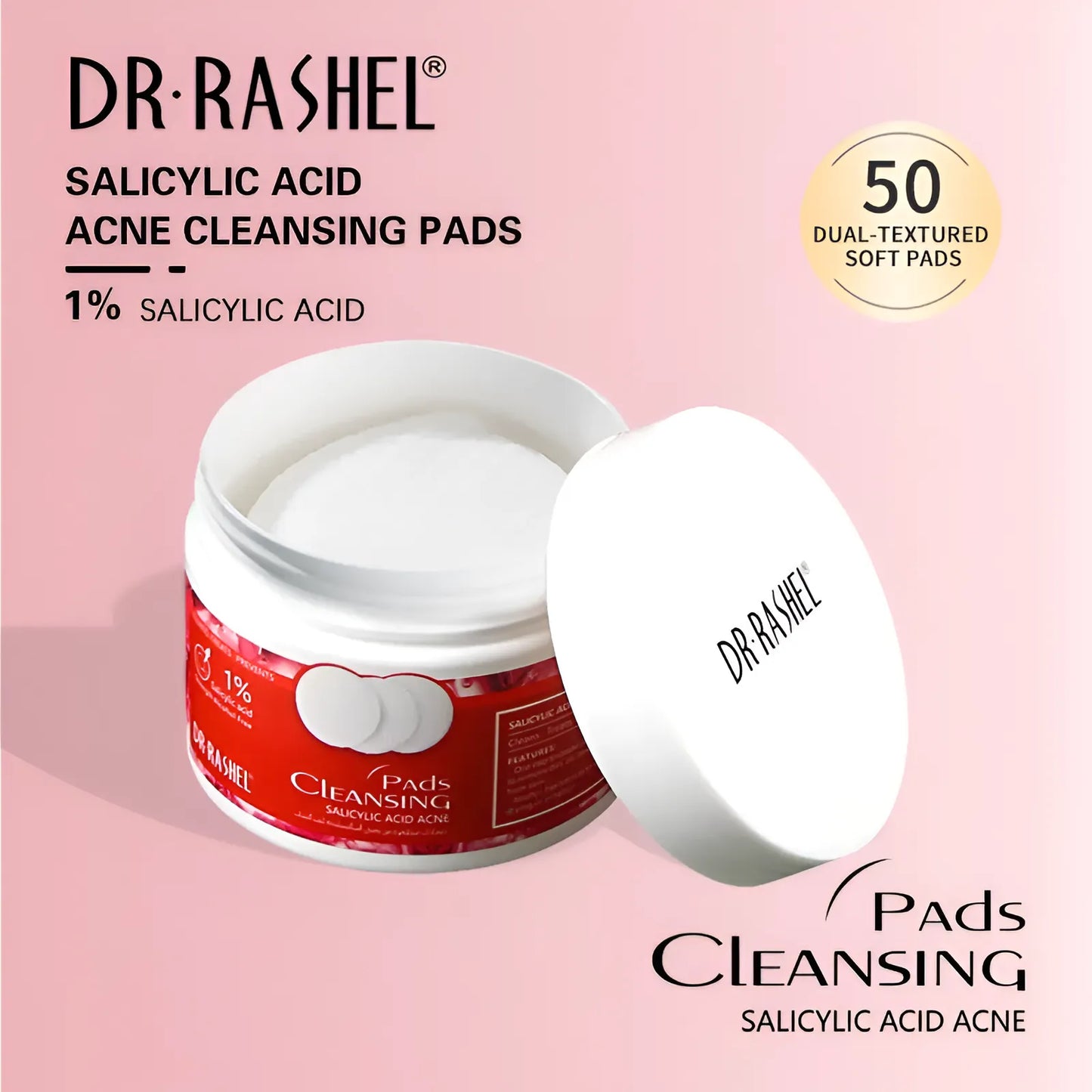 Dr. Rashel dual-textured cleansing pads designed for gentle exfoliation and deep cleaning of acne-prone skin.