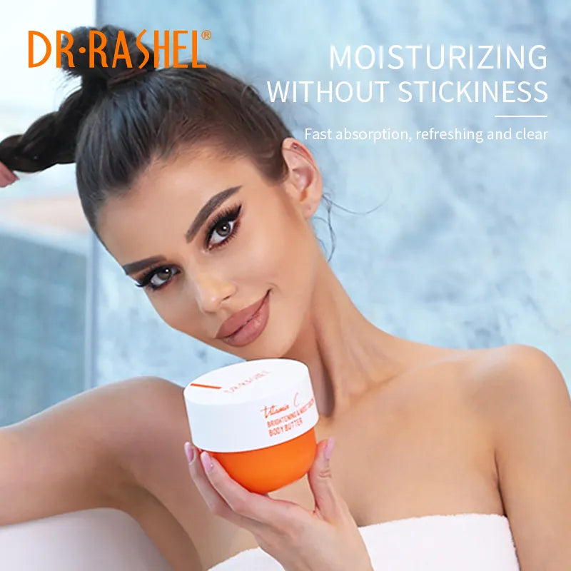 Model holding Dr. Rashel Vitamin C Body Butter, moisturizing without stickiness.