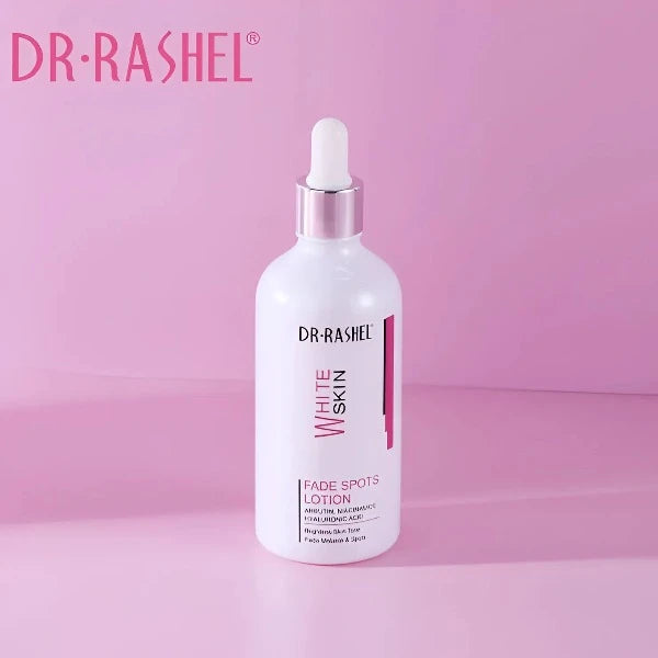 Dr. Rashel White Skin Fade Spots Lotion with arbutin, niacinamide, and hyaluronic acid to brighten skin and reduce dark spots.