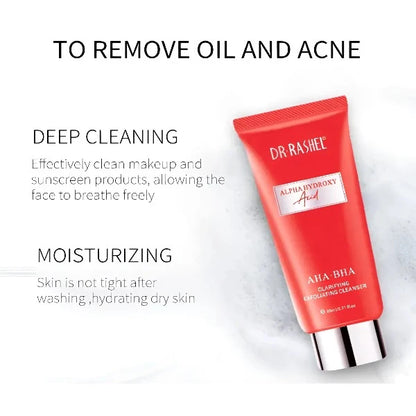 Dr. Rashel AHA-BHA Cleanser for oil removal, acne treatment, and deep cleaning effects.