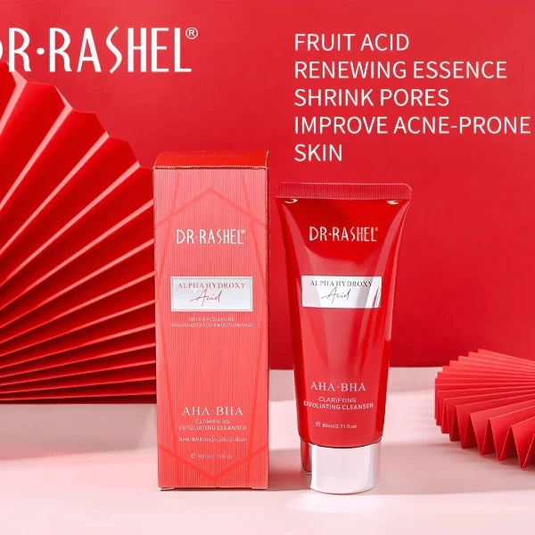 Dr. Rashel AHA-BHA Clarifying Exfoliating Cleanser tube and packaging, promoting fruit acid essence and acne-prone skin improvement.